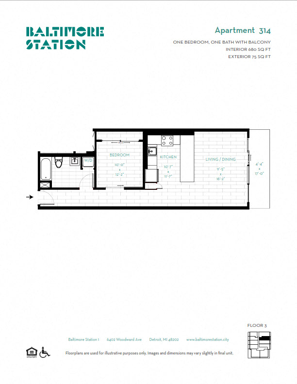 Floor plan for 1 bed, 1 bath, 680 sqft